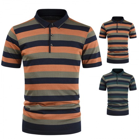 New Summer Striped Color Matching Pockets Men's Casual T-Shirt Short Sleeves